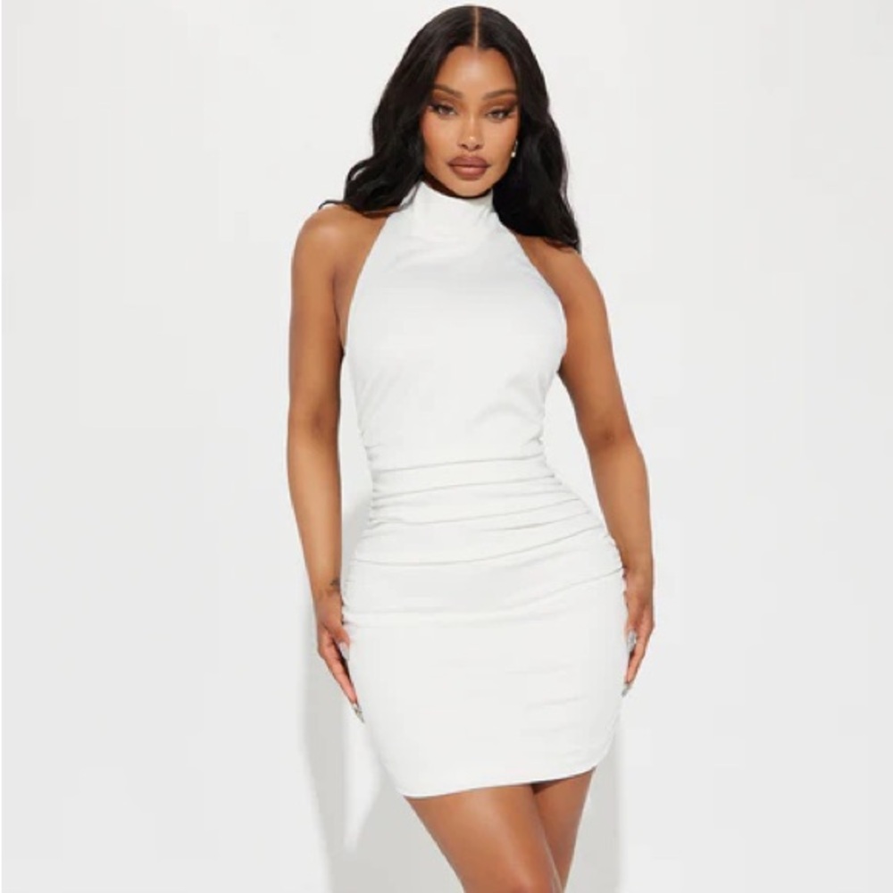 Allison Ruched Mini Dress White Halter Dress
